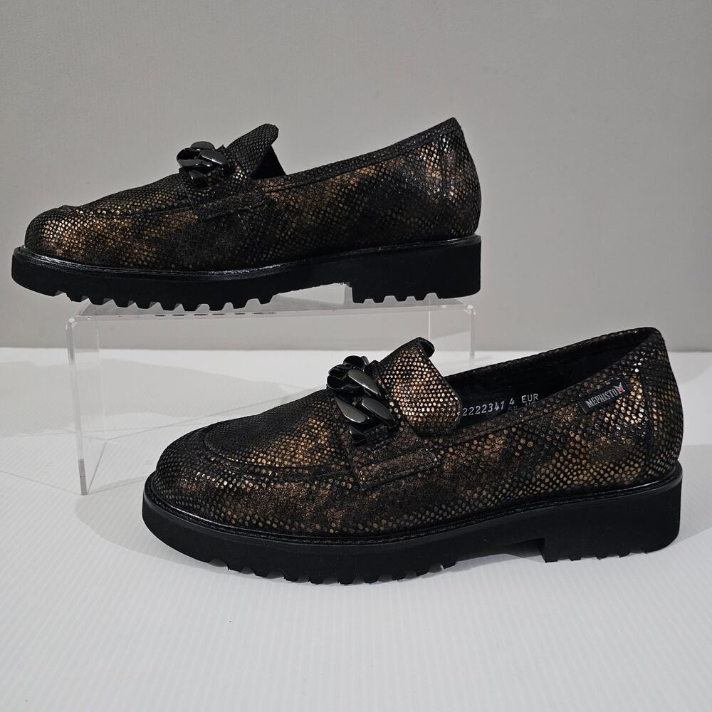 Mephisto Salka Lug Sole Loafer 6.5 Gold Snake Print Leather Chunky Slip On NEW - Picture 2 of 13